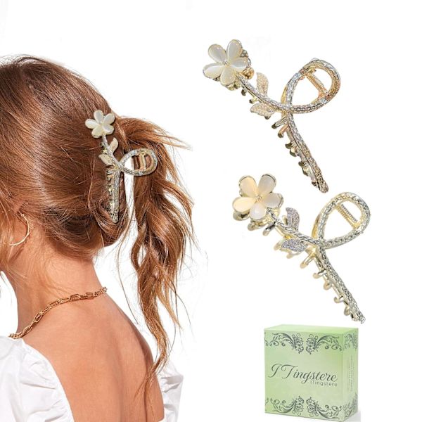 Hårklemme med blomster for kvinner, 2 stk. store hårklemmer med rhinestones i metall, flerfarget F