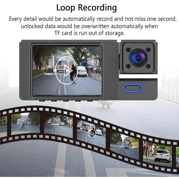 Kojelautakamera edessä sisällä takana 1080P FHD autoille, kolme objektiivia 2 tuuman näyttö Autonauhuri 170 ° ultralaajakulmalla, tukee 128G, infrapunayönäkö