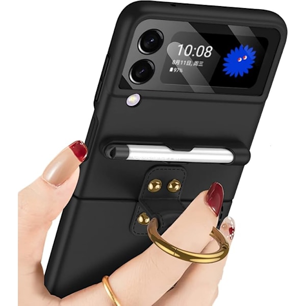 Skal för Samsung Galaxy Z Flip 3 med S Pen och Ringhållare, Ultratunt Matt Läder Anti-Drop Telefonskal med Kameraskärmsskydd