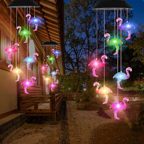 Solardrivna Flamingovindspel med färgskiftande ljus - Utomhusdekor för trädgård, uteplats, gård Flamingo