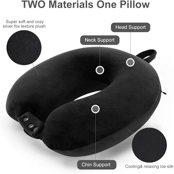 Rejse nakkepude, bedste memory foam flypude til hovedstøtte blød justerbar pude til fly, bil og hjemmets lænestol (sort) Black