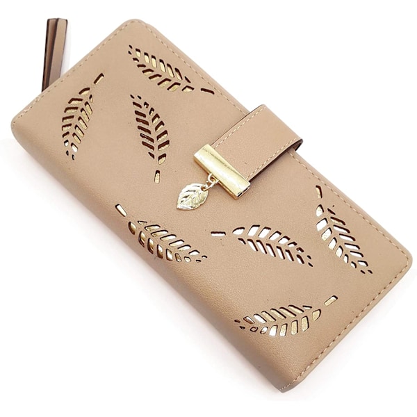 Kvindernes korte pung læder medium pung blad bifold kort mønt indehaver små punge spænde lynlås kobling----Khaki  C