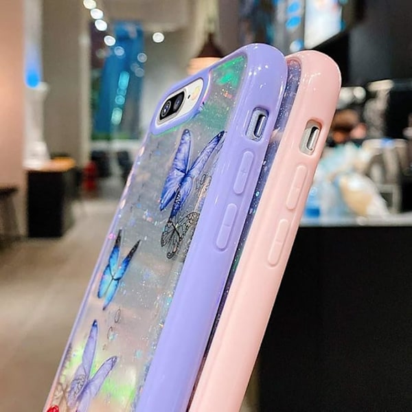 Girly Skal Kompatibelt med iPhone SE 2020 Skal iPhone 8 iPhone 7 Skal Sött Iridescent Fjärilsdesign Laser Bling Glitterstjärnor för