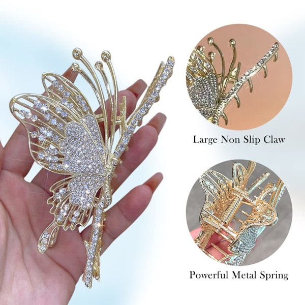 Sommerfugl hårklemme for kvinner, 2 stk. Rhinestone stor sklisikker sterk metall hårklemme D