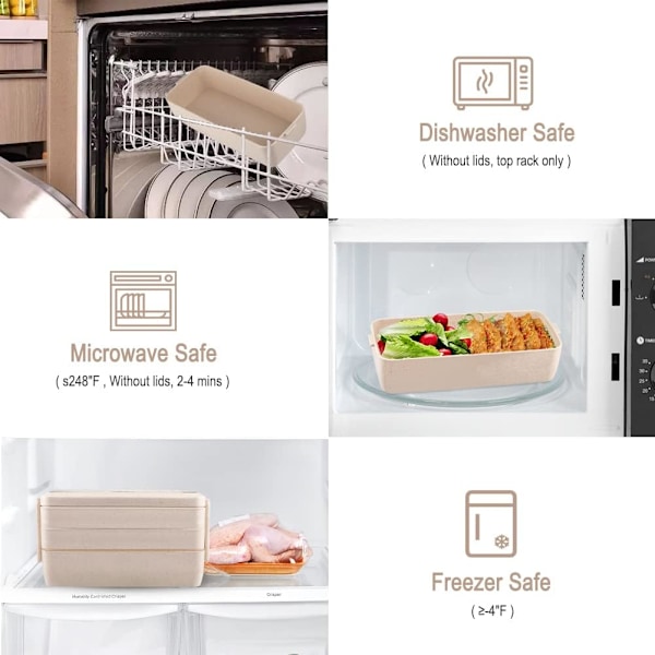 3-osastoinen pinottava Bento-lounasrasia - vehnäolki, tiivis, 902 ml - BPA-vapaa, mikroaaltouunin ja astianpesukoneen kestävä aterian valmistukseen khaki