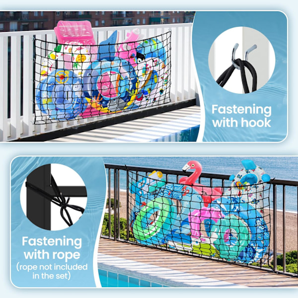 Extra Stor Förvaringsnät för Poolleksaker med 20 Krokar - 208x152 cm Kraftigt Elastiskt Nät för Simdynor, Uppblåsbara Leksaker L