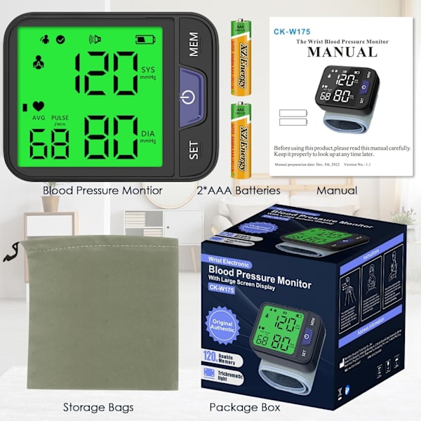 Blodtrycksmätare för handleden med LCD-skärm, blodtrycksmanschett för handleden 120x2 avläsningsminne handledsmätare med bärväska