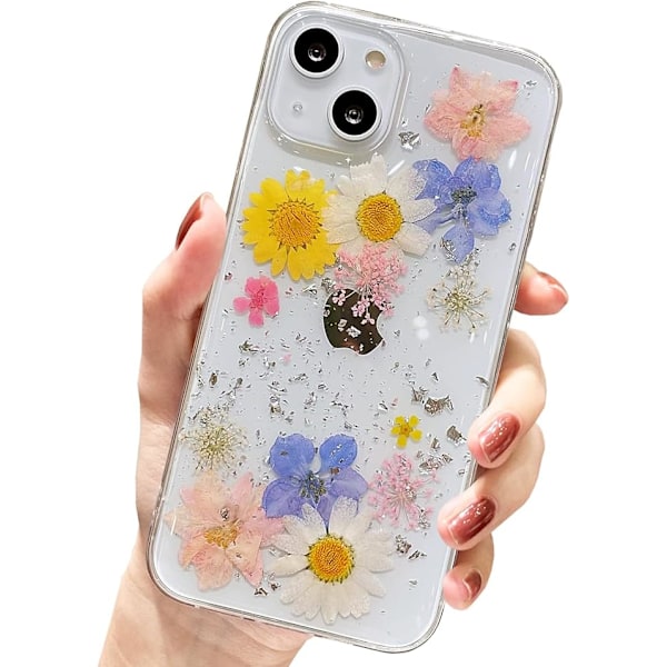 Blomsteret iPhone 13 Cover, Gennemsigtigt Sødt Glitter Presset Tørret Blomster Design Transparent Blød TPU Gummi Slankt Beskyttende Blomster Cover til Kvinder