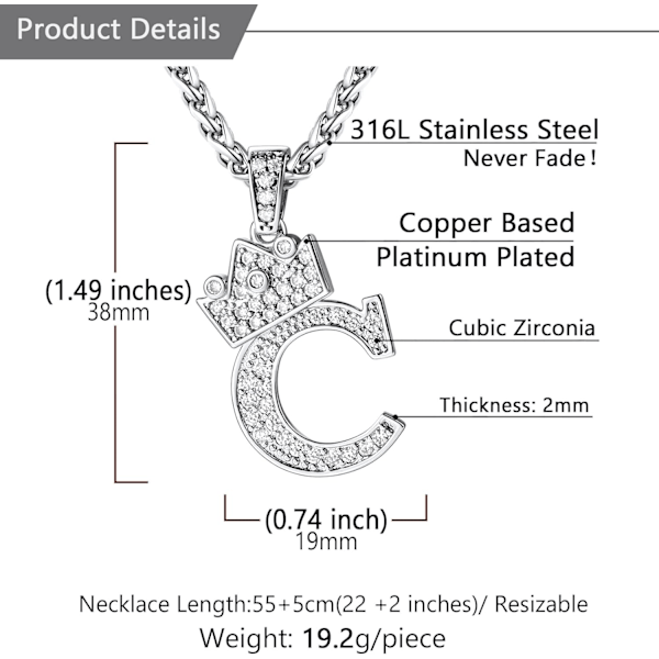 Krone Initial A-Z Halskjede, Iced Out Bokstavanheng med 22-24 Tommers Kjede, Menn Kvinner Bling Hip Hop Alfabet Navn Smykker Gave Store Initialer Halskjeder C Silver