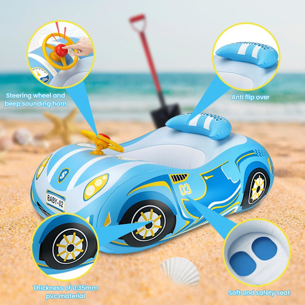 3D Bil Baby Pool Float - Kraftig Babybadring för 12-48 Månader Småbarn, Säker Poolleksak för Pojkar & Flickor blue 25*6*28cm