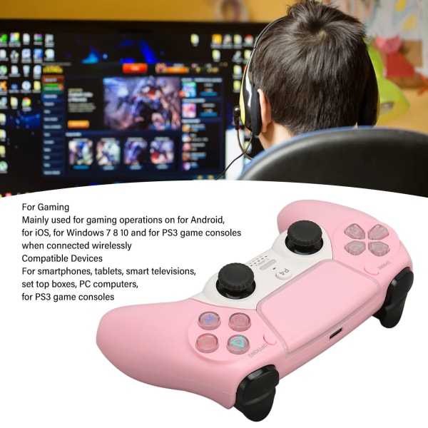 Bluetooth-kontroller - Trådlös spelkontroll - Joystick för PS4, PS5, Windows 7, 8, 10, PC, surfplatta - Rosa