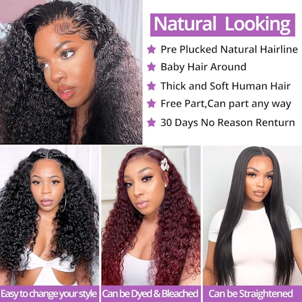 Deep Wave Lace Closure Parykker Menneskehår 180% Densitet Parykker til Sorte Kvinder 4X4 Transparent Lace Front Parykker Menneskehår Limfri Brasiliansk Vådt og Bølget Hår 26 Inch