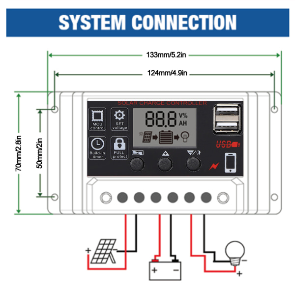 LCD Solcelle Laderegulator 5V /2.5A Dobbelt USB PWM Cellepanel Regulator Automatisk Identifikation 12V 24V50A