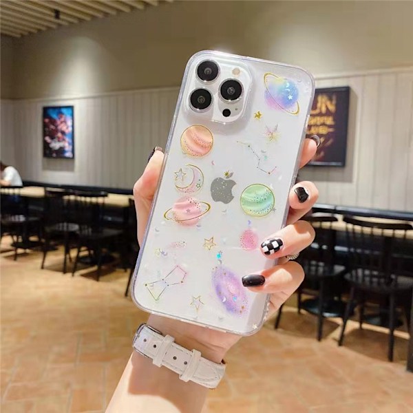Fodral till iPhone 12 Pro Max Sött, Klart Glitter Planet Stjärna Rymd Design Transparent Fodral Glittrande Slim Mjukt TUP Skyddande Dam