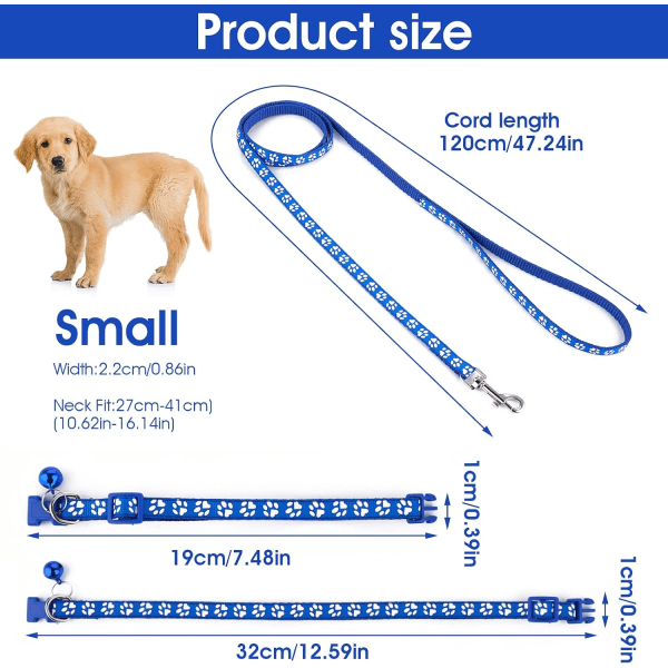 Halsband och koppel set för hundvalp, katt kattunge, justerbart hundhalsband för bil med koppel, hållbart träningsrep med snabbspänne för små hundar Blue Red