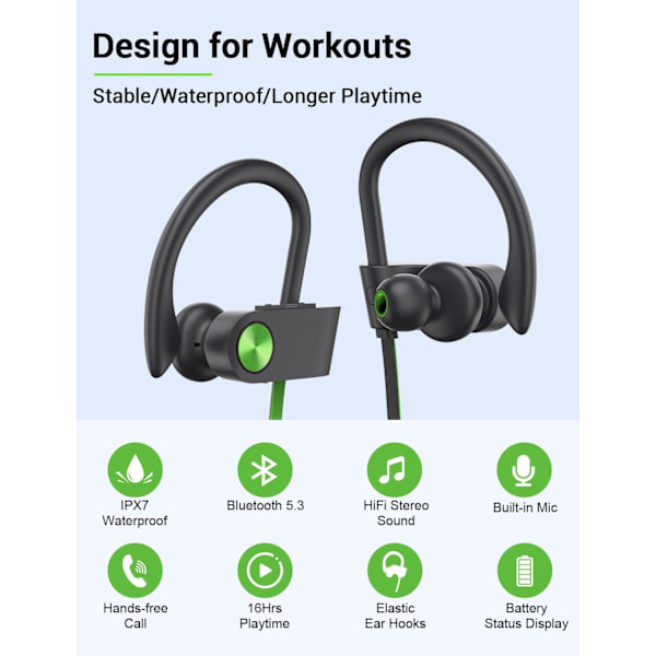 Bluetooth-kuulokkeet, 5.3 langattomat urheilukuulokkeet IPX7 vedenpitävät mikrofonilla, stereovahvistavat korvan sisäiset kuulokkeet, melunvaimennuskuulokkeet kuntosalille A,GreenBlack