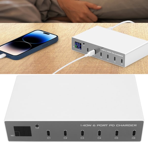 140W USB C-lader Strømadapter 6 Port PD Lader Mobiltelefon Digital Smart Hurtigladestasjon for iPhone for Android-telefon 100‑240V EU-plugg