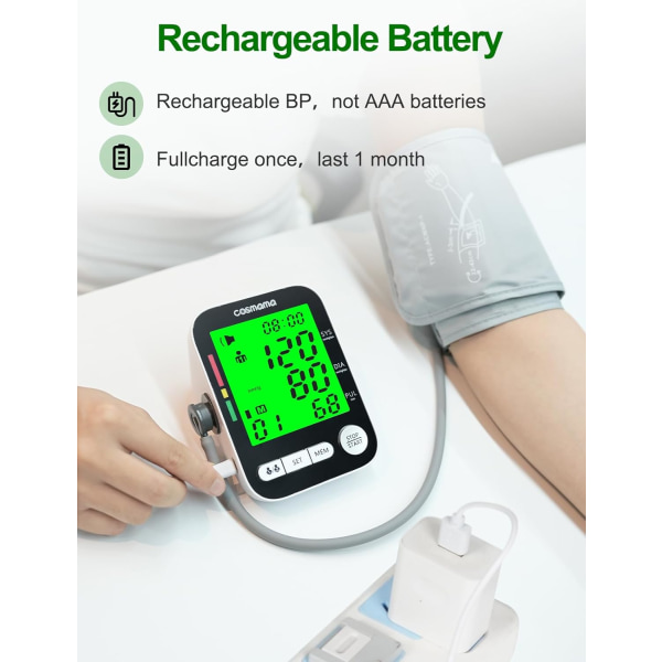 Blodtrycksmätare, automatiska armblodtrycksmätare för hemmabruk, uppladdningsbar blodtrycksmaskin med stor skärm BP-manschett (8,6"-16,5"