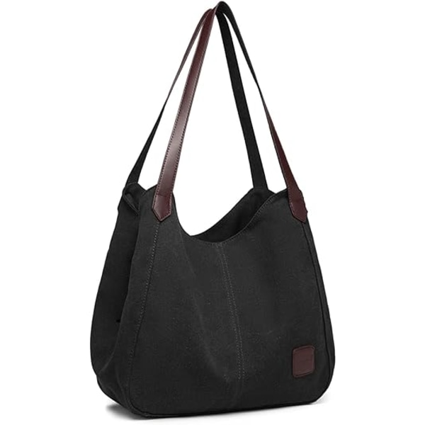 Canvas Hobo-väska för damer, axelremsväska, vintage, flera fickor, tygväska med handtag för shopping, arbete, skola, resor, vardag D black