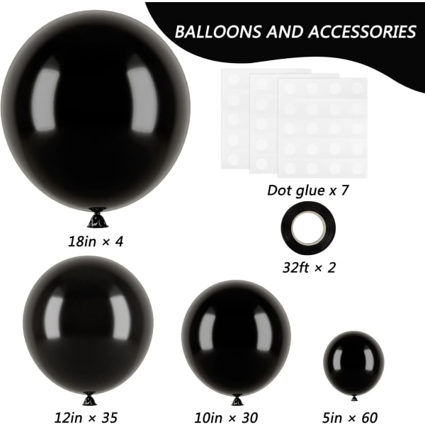 129 stk. sorte balloner i latex i forskellige størrelser 18 12 10 5 tommer festballonpakke til fødselsdagsfest dimission baby shower bryllupsballonpynt Black