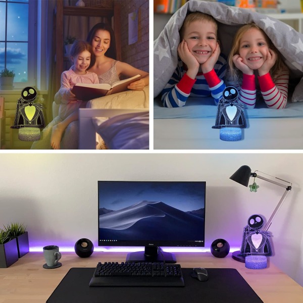Halloween Town Gresskar Konge Jack 3D Illusjon Nattlys, 16 Farger Skiftbar Romdekorasjon Skrivebordslampe med Fjernkontroll, Kreative Belysningsgaver for Barn Bir
