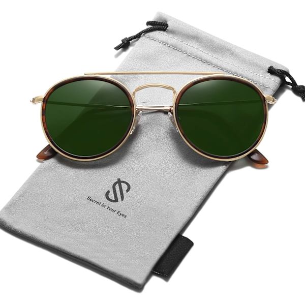 Retro pyöreät kaksoissiltajouset polarisoidut aurinkolasit naisille ja miehille Vintage Circle UV400 Sunnies SJ1104 Brown Tortoise Green