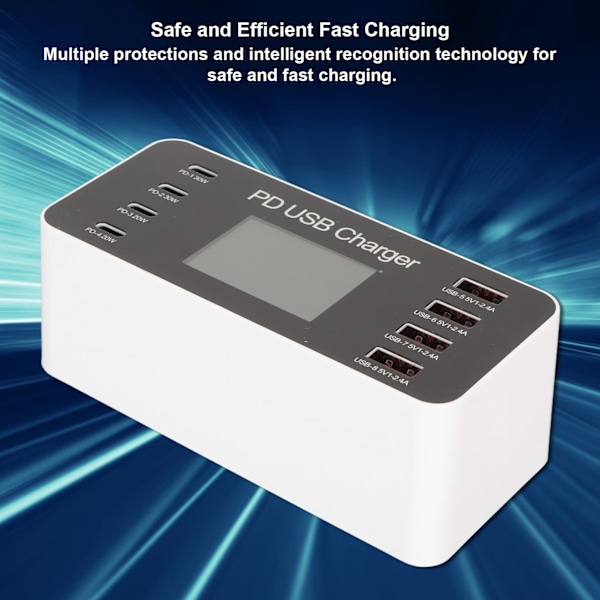 USB-ladestasjon 65W Hub 8 porter USB A USB C PD Rask multilading dokretsbeskyttelse 100‑240V for telefoner nettbrett EU-plugg