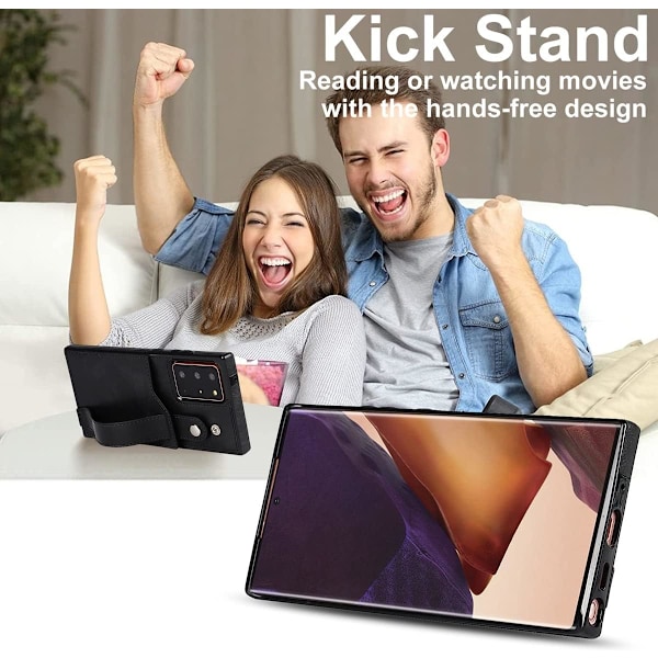 Suunniteltu Samsung Galaxy Note 20 Ultra/Note20 Plus 5G -lompakkokotelolle säädettävällä rannehihnalla ja jalustalla, PU-nahkaa, luottokorttipaikka
