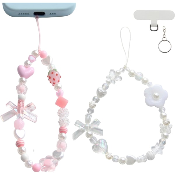 Telefon Charms Estetisk Rem, Kawaii Söt Jordgubbs Telefonfodral Charms med Rosett Hjärta, Rosa/Vit Pärlor Pink&White 2 pcs