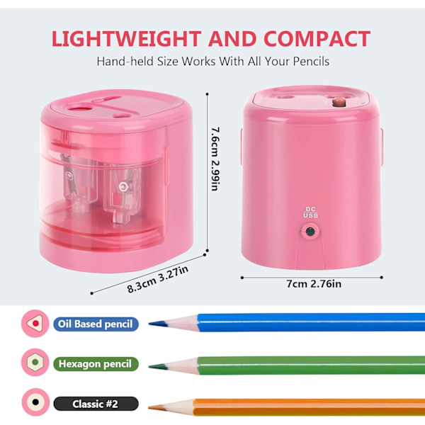 Automatisk elektrisk blyantspisser med dobbel hull design for standard- og fargeblyanter, perfekt for skole, kontor og hjemmebruk, rosa