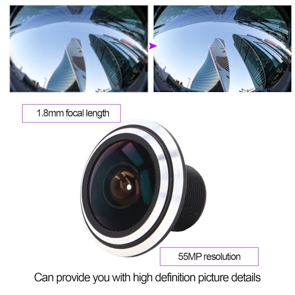 5MP Fisheye-objektiv Högupplöst 1,8 mm Brännvidd Fast Bländare Aluminiumlegering för CCTV-kamera
