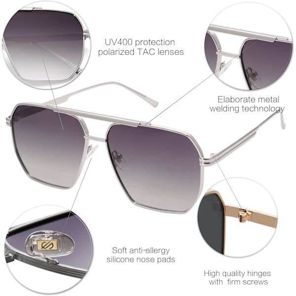 Retro Ylisuuret Neliömäiset Polarisoivat Aurinkolasit Naisille Ja Miehille Vintage Sävyt UV400 Klassiset Suuret Metalliset Aurinkolasit Silver Grey