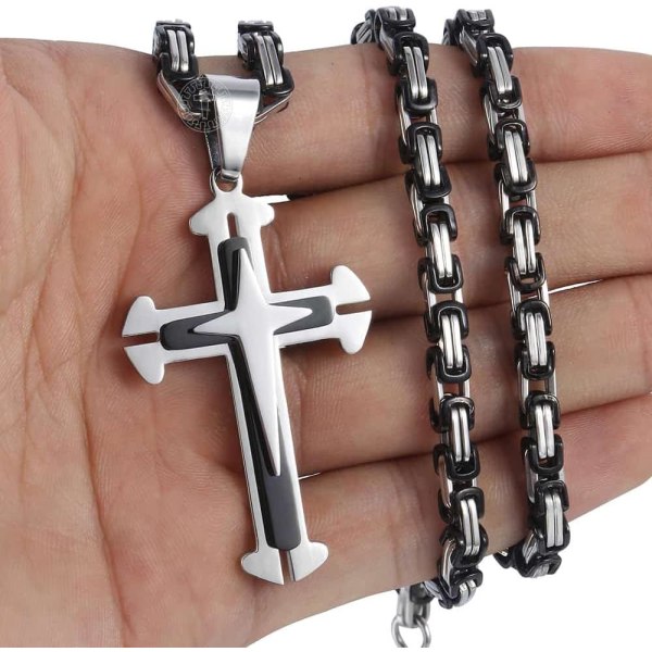 Kors vedhæng halskæde mænd drenge rustfrit stål guld sølv byzantinsk kæde 22 24 26 28 30 tommer 22inch Black Silver Tone