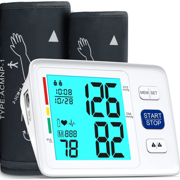 Blodtryksmåler til hjemmebrug Ekstra stor manchet Automatisk digital blodtryksmaskine 9-17''&13-21''Justerbar blodtryksmanchet- Baggrundsbelyst D