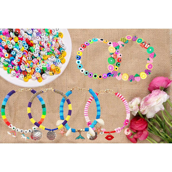 Lera Pärlor Armband Tillverkning Kit, Platta Runda 6mm Lera Pärlor för Smycken Tillverkning med Hänge Charms Kit, Konst Hantverk Presentset för Flickor i Åldrarna 3 4 5 6 7 8 9