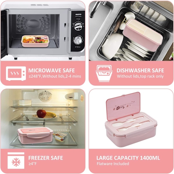 Eväsrasia aikuisille ja lapsille - 3 lokeroa, BPA-vapaa, mikroaaltouunin/astianpesukoneen kestävä aterinsetillä - kannettava On-The-Go-ateria-astia pink