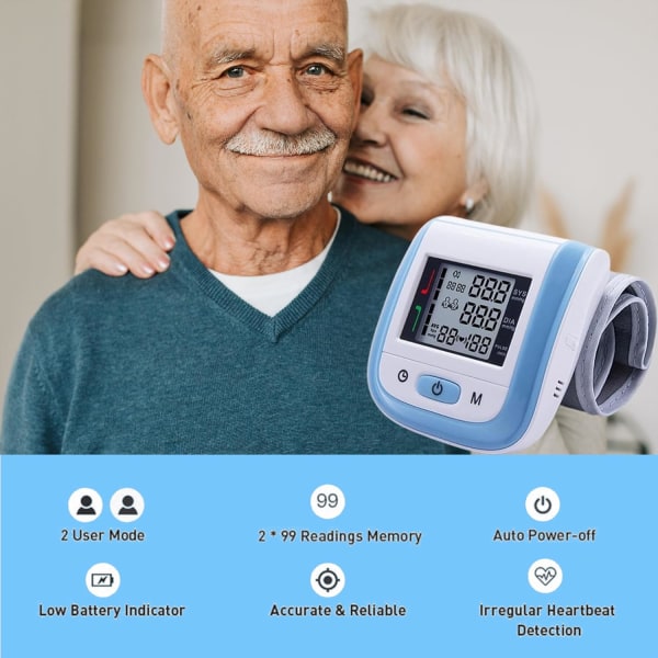 Blodtrycksmätare LCD-display Automatisk handledsmanschett 2x99 avläsningsminne för hemmabruk, Digital handledsmanschett för blodtryck för vuxna