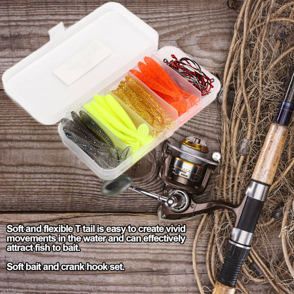60 st/låda Mjukt bete fiskedrag kit med rostfritt stål vev krokar artificiell T svans PVC mjukt bete beten för basfiske 6cm