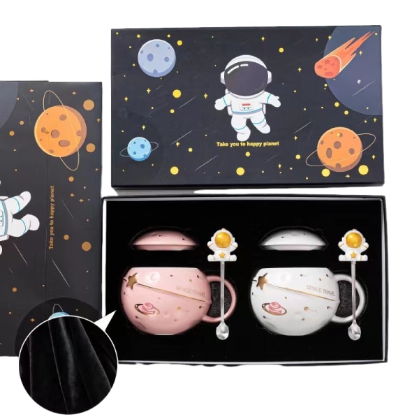 400 ml Astronaut Space Planet-mugg med lock och sked för kaffe, mjölk, presentfödelsedag för flicka pojke kvinnor， vit+rosa(1)