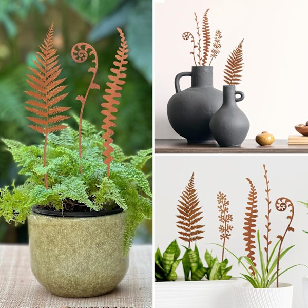 Blomsterpinnar i Vädrat Metall för Utomhusdekor - 5 Unika Växtsilhuetter för Trädgård, Gräsmatta & Blomsterträdgård - Ormbunke 5 X Fern