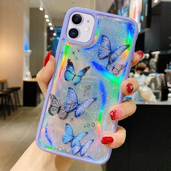 Girly Skal Kompatibelt med iPhone 12 Skal iPhone 12 Pro Skal Sött Iridescent Fjärilsdesign Laser Bling Glitterstjärnor för Tjejer Wo