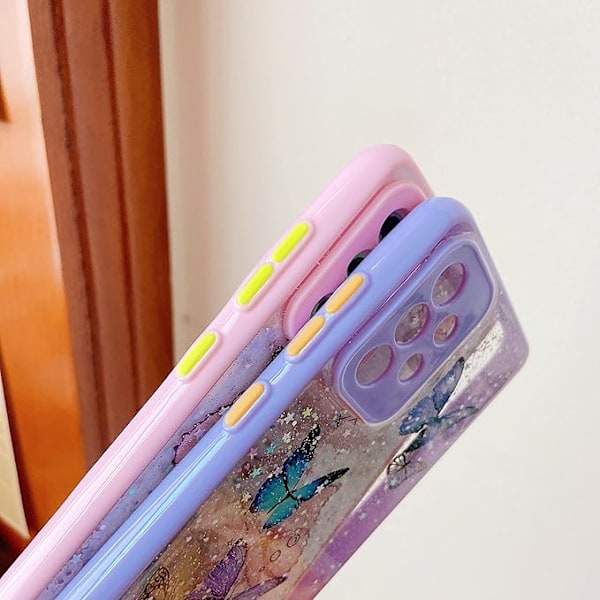 TPU-takakuori Samsung Galaxy A52 ja A52s 5G -puhelimille, läpinäkyvä glitter-nestesilikonikuori perhoskuviolla, naarmuuntumaton ja iskunkestävä
