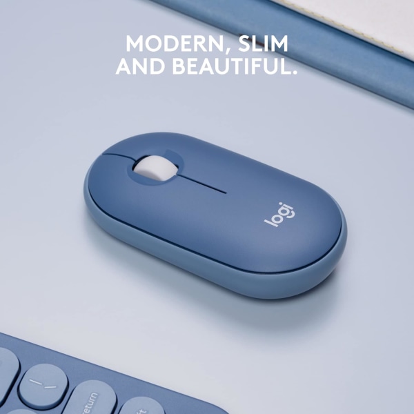 Logitech M350 Pebble trådløs mus med Bluetooth eller 2,4 GHz-modtager, lydløs, slank computermus med stille klik Blue