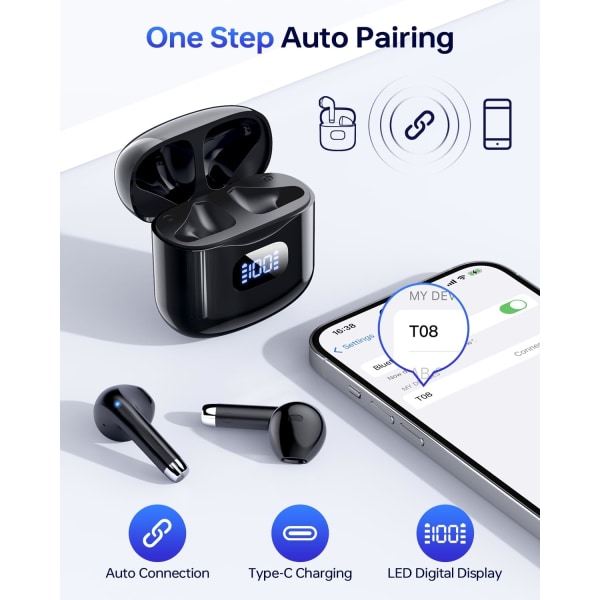 Trådlösa öronsnäckor, Bluetooth 5.3-hörlurar 40 timmars speltid med laddningsfodral, IPX5 vattentäta stereo-hörlurar med mikrofon för iOS Android B-Black