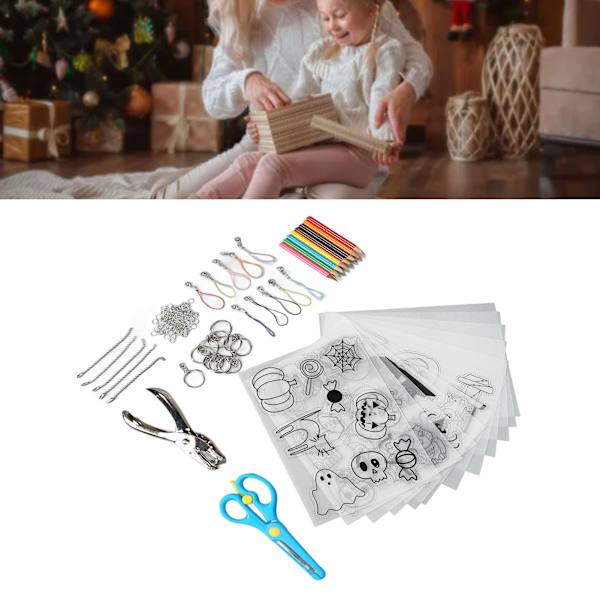 Värmeförminskningsplastark Kit Flersyfte DIY Krympkonst Kit med Hålslag Pennor Nyckelringar Saxar för Hantverk