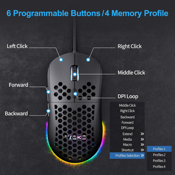 Falcon M1SE Ultralett Honeycomb Gaming Mus, Høy presisjon 12800DPI optisk sensor, 6 programmerbare knapper, RGB-belysning, Ingen draledning, Kablet black