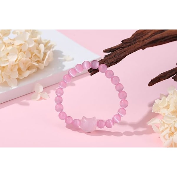 Katt Kristallarmband, Kattgåvor för Kvinnor, Damarmband, 8mm Pärlarmband Elastiskt, Damarmband Smycken, Söt Katt pink