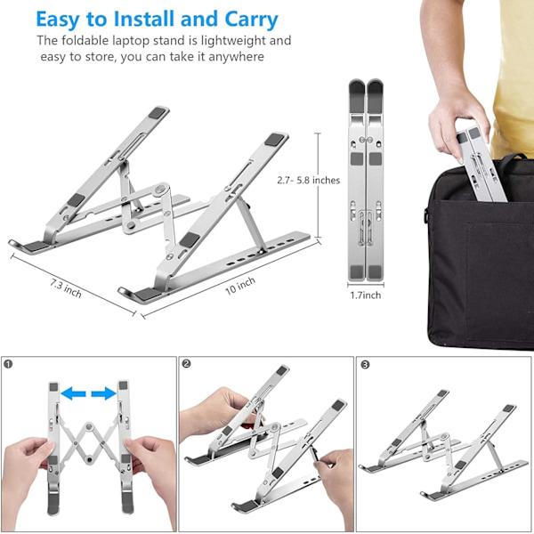 Ergonomiskt Justerbart Laptopställ för Bättre Hållning & Kylning, Vikbart & Portabelt, Passar De Flesta 10-15.6 Tums Laptops och Surfplattor, Per Silver