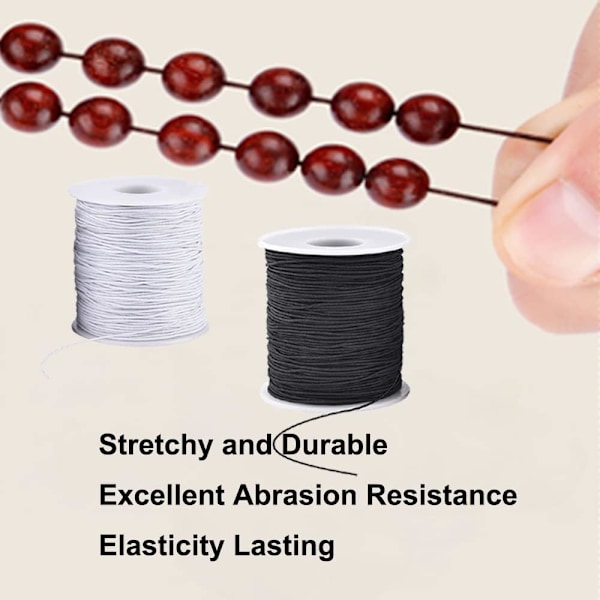 Elastisk snor til armbånd, 2 ruller 1 mm robust elastisk snor til smykkefremstilling, halskæder, perlearbejde sort og hvid Black and White