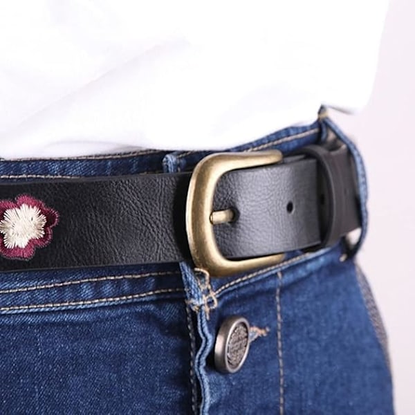 PU-läder midjebälte för damer, avslappnat blommönster, broderad dekoration, mångsidigt mode retrobälte, svart, One Size